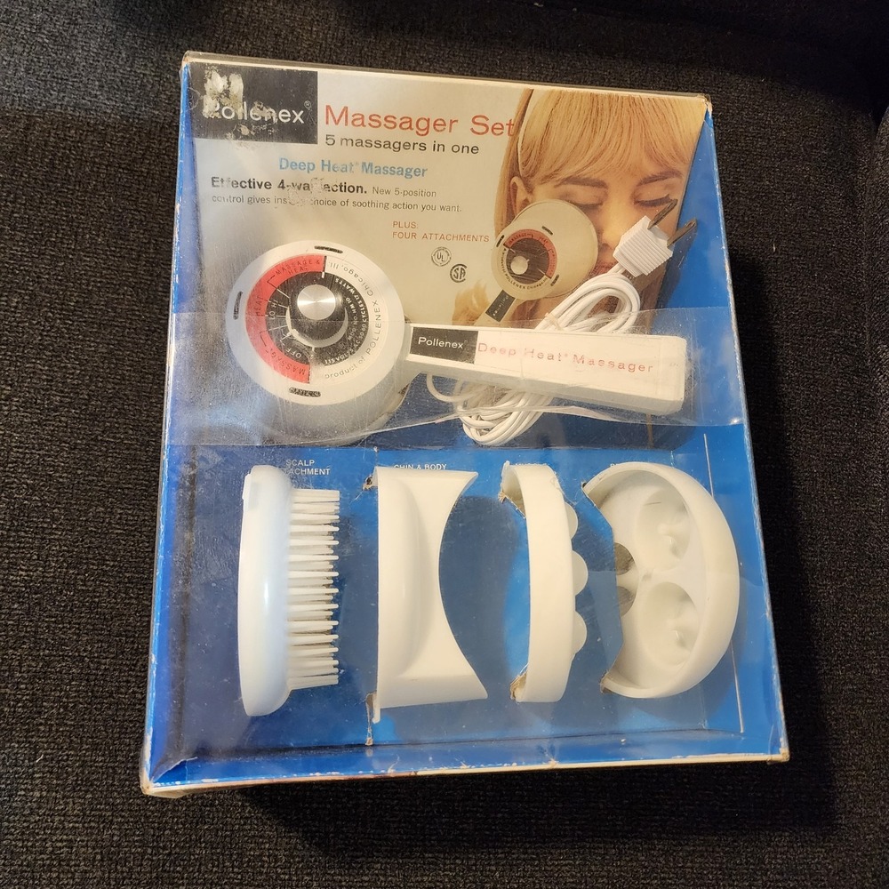 Vtg Pollenex Deep Heat Massager HM-10 Massage w/ Heat + Snap On Attachments‎
